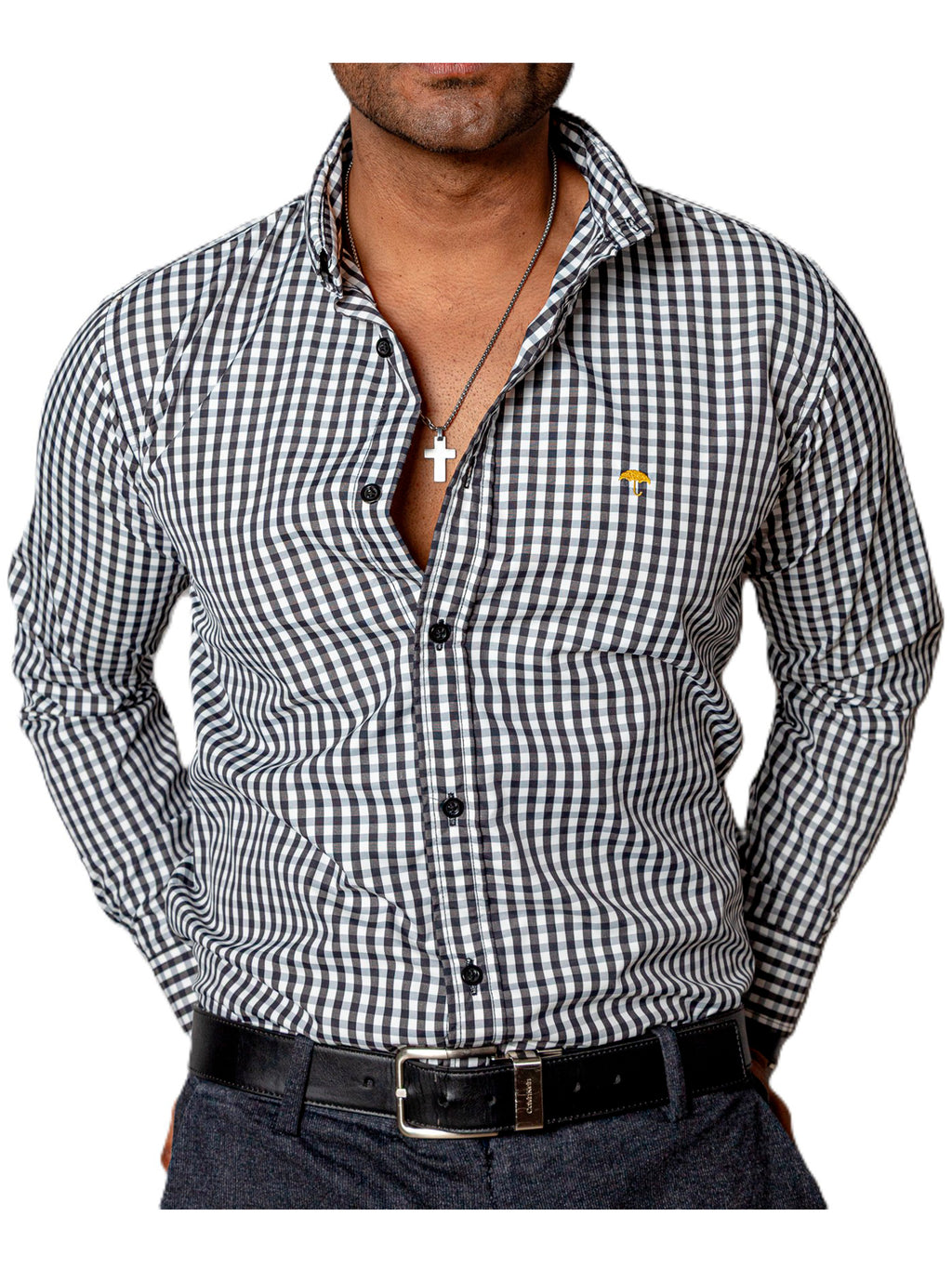 Camisa Hombre Casual Mini Cuadros Negros, Blancos
