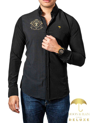 Camisa Hombre Casual Slim Fit Negra Detalles Dorados Árbol