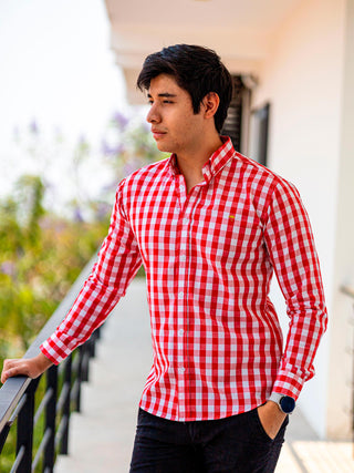 Men's Casual Orange and White Checkered Shirt