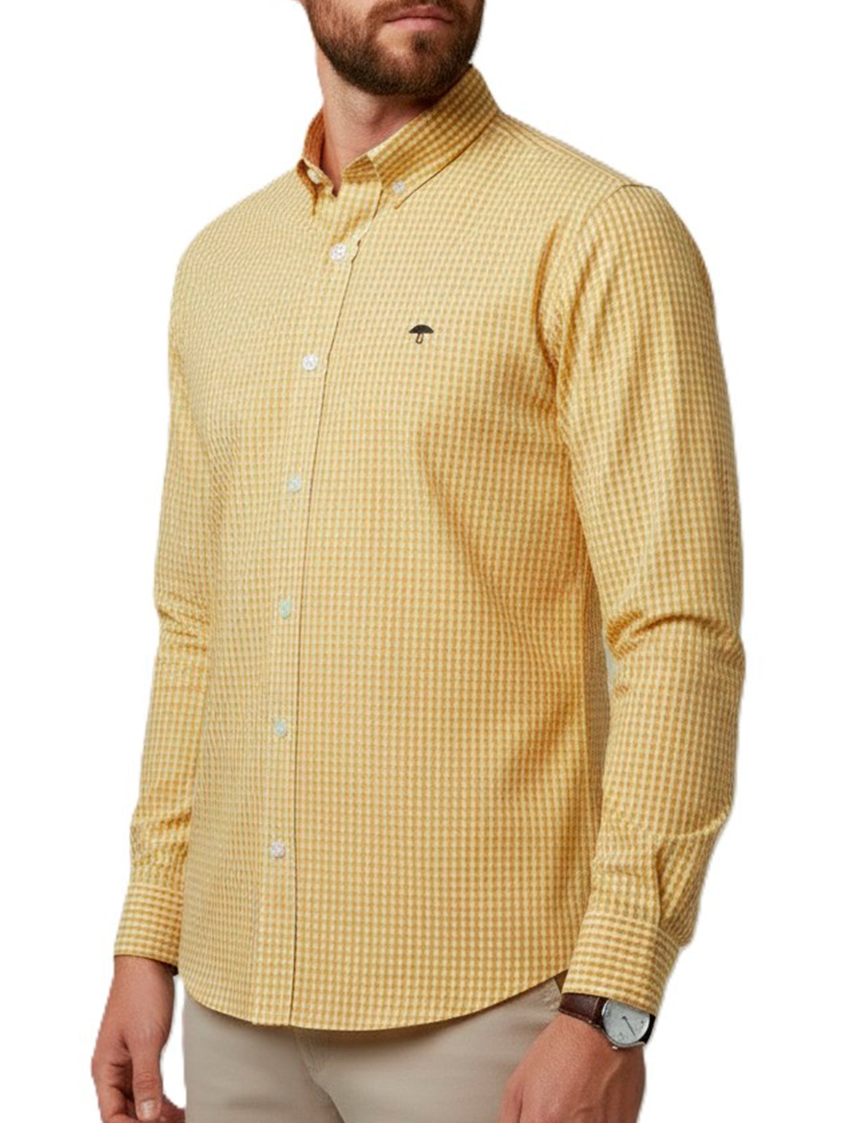 Camisa Hombre Casual Mini Cuadros Amarillos Blancos