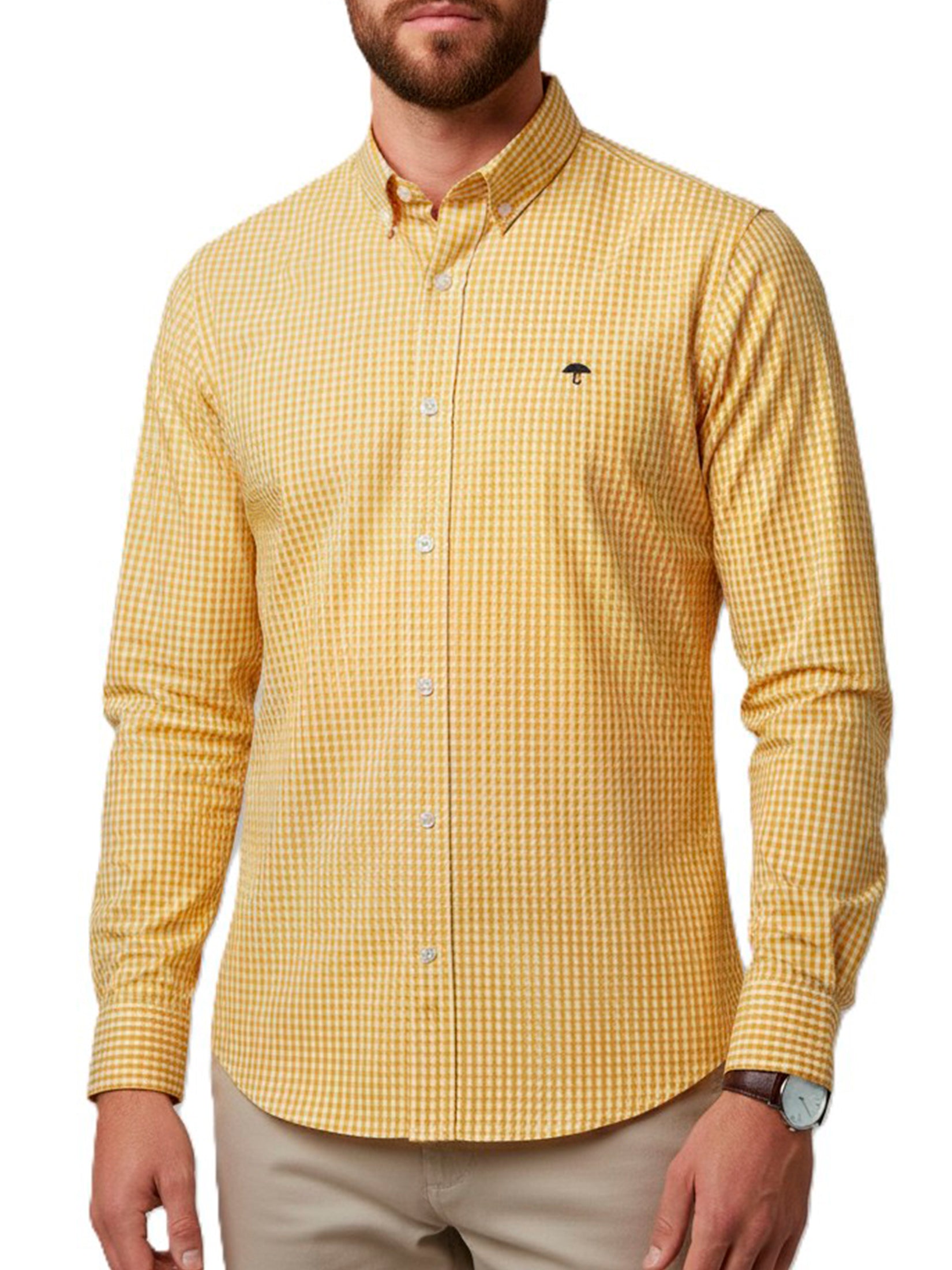 Camisa Hombre Casual Mini Cuadros Amarillos Blancos