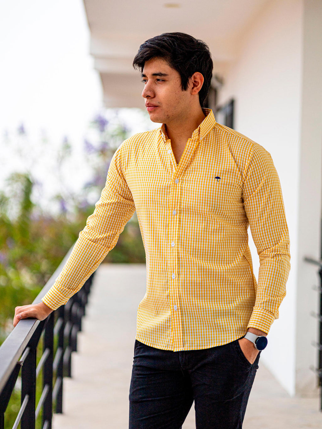 Camisa Hombre Casual Mini Cuadros Amarillos Blancos