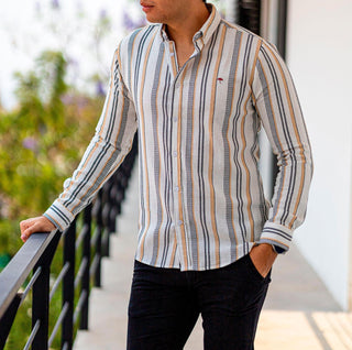 Camisa Hombre Casual Slim Fit Hueso Rayas Negra Y Beige