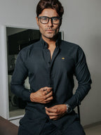 Camisa Hombre Casual Manga Larga Negra Lisa