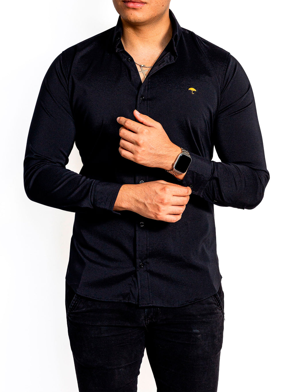 Camisa Hombre Casual Manga Larga Negra Lisa