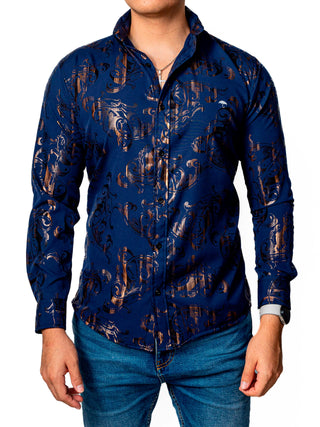 Camisa Hombre Casual Slim Fit Marino Flores Bronce