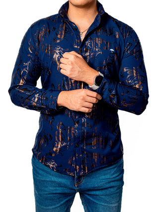 Camisa Hombre Casual Slim Fit Marino Flores Bronce