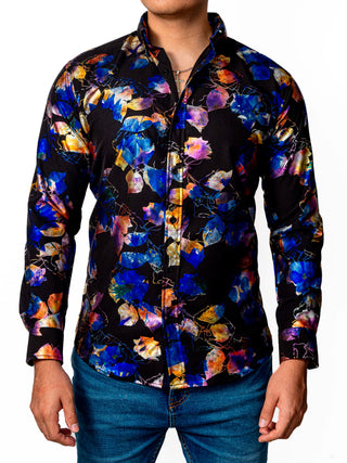 Camisa Hombre Casual Slim Fit Negra Flores Tornasol