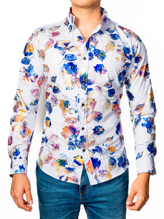 Camisa Hombre Casual Slim Fit Blanca Hojas Tornasol Azul