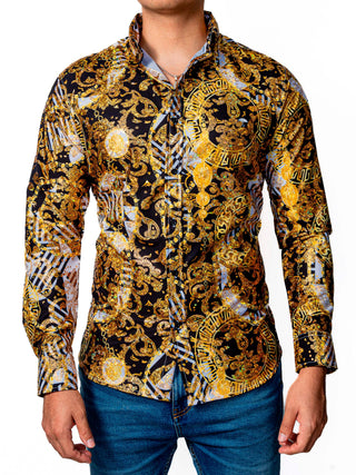 Camisa Hombre Casual Slim Fit Negra Figuras Doradas