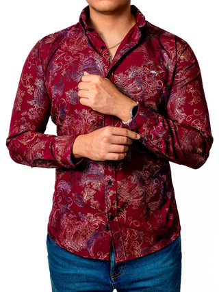 Camisa Hombre Casual Slim Fit Vino Flores Tornasol