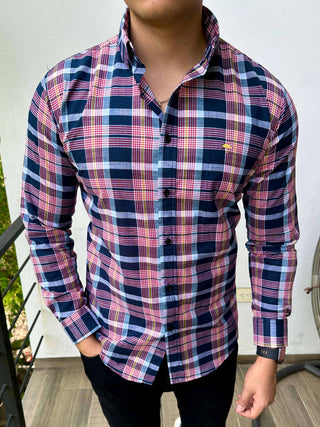 Camisa Hombre Casual Regular Fit Marino Rayas Rojas