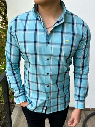 Camisa Hombre Casual Classic Fit Azul Lineas Marino, Blancas