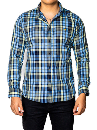 Camisa Hombre Casual Slim Fit Cuadros Azules, Verdes