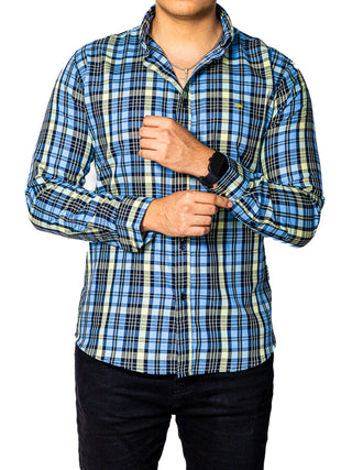 Camisa Hombre Casual Slim Fit Cuadros Azules, Verdes