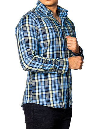 Camisa Hombre Casual Slim Fit Cuadros Azules, Verdes