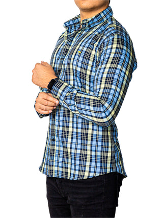 Camisa Hombre Casual Slim Fit Cuadros Azules, Verdes