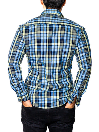 Camisa Hombre Casual Slim Fit Cuadros Azules, Verdes