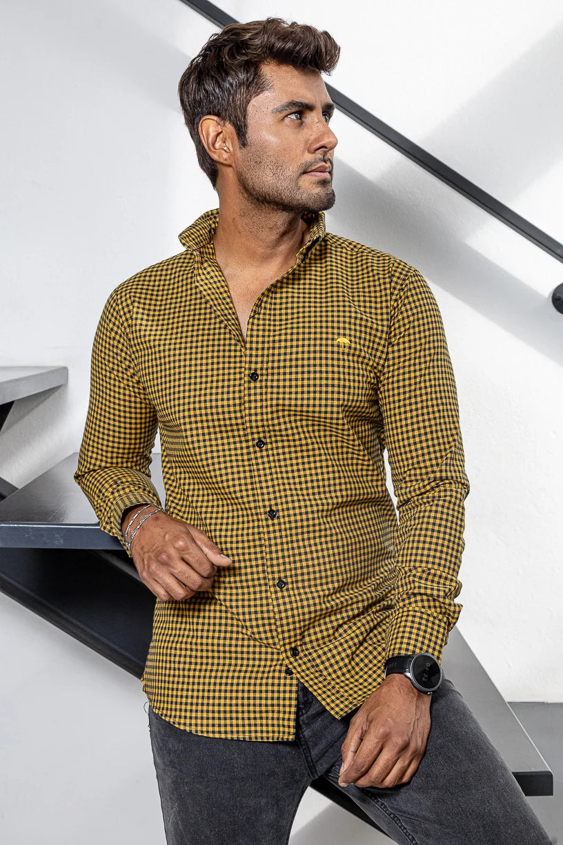 Camisa Hombre Casual Mini Cuadros Amarillos Negros