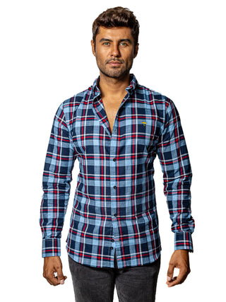 Camisa Hombre Casual Cuadros Azules Lineas Rojas