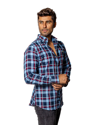 Camisa Hombre Casual Cuadros Azules Lineas Rojas