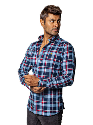 Camisa Hombre Casual Cuadros Azules Lineas Rojas