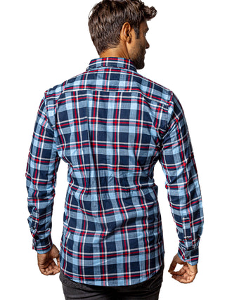 Camisa Hombre Casual Cuadros Azules Lineas Rojas