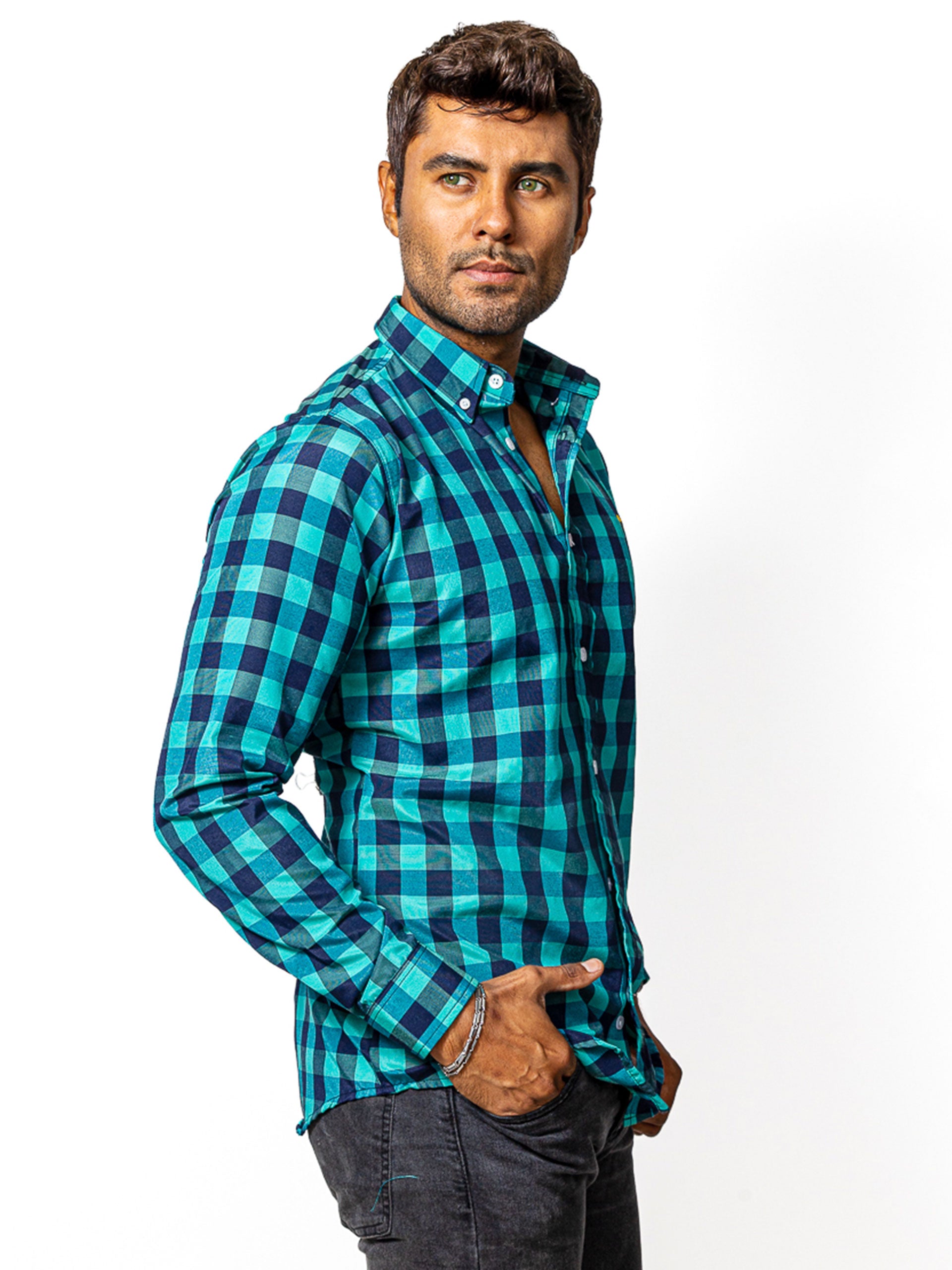 Camisa Hombre Casual Cuadros Azul Turquesa, Negros - 34 (S)-Tiendas Platino