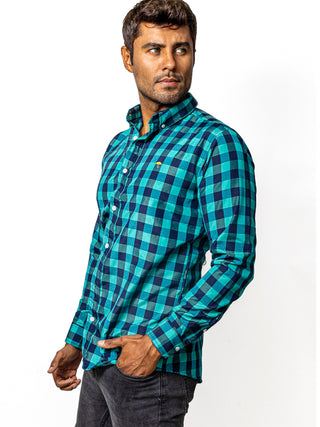 Camisa Hombre Casual Slim Fit Cuadros Azul Turquesa, Negros