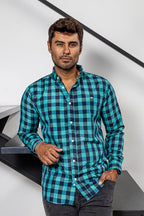 Camisa Hombre Casual Cuadros Azul Turquesa, Negros - 34 (S)-Tiendas Platino
