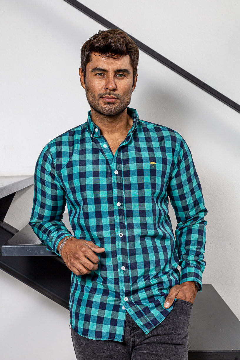 Camisa Hombre Casual Cuadros Azul Turquesa, Negros - 34 (S)-Tiendas Platino