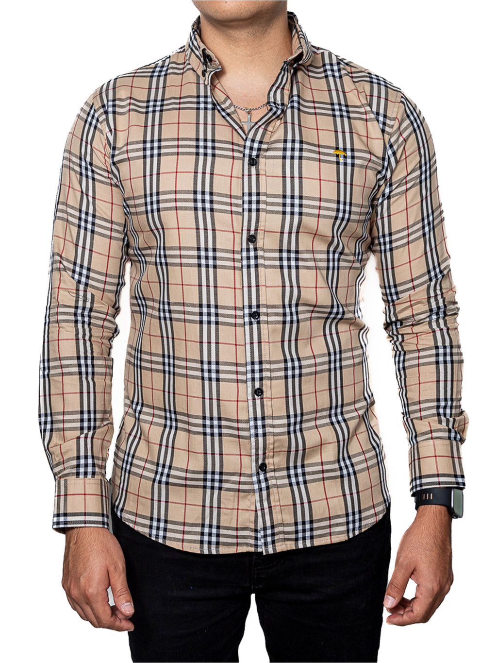 Camisa Casual Hombre Beige Cuadros Blanco Y Negro
