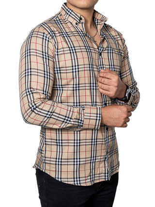 Camisa Casual Hombre Beige Cuadros Blanco Y Negro