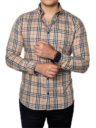 Camisa Casual Hombre Beige Cuadros Blanco Y Negro