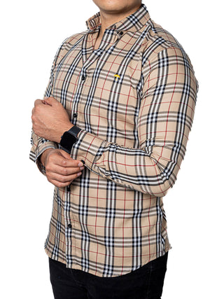 Camisa Casual Hombre Beige Cuadros Blanco Y Negro