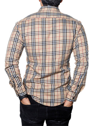 Camisa Casual Hombre Beige Cuadros Blanco Y Negro