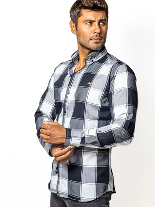 Camisa Hombre Casual Cuadros Negros, Gris, Blancos