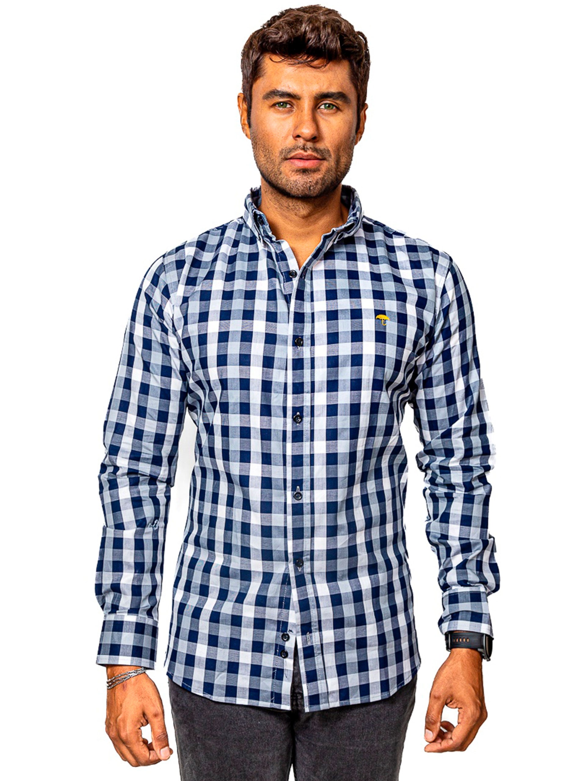 Camisa Hombre Casual Cuadros Marino, Gris, Blancos - 34 (S)-Tiendas Platino