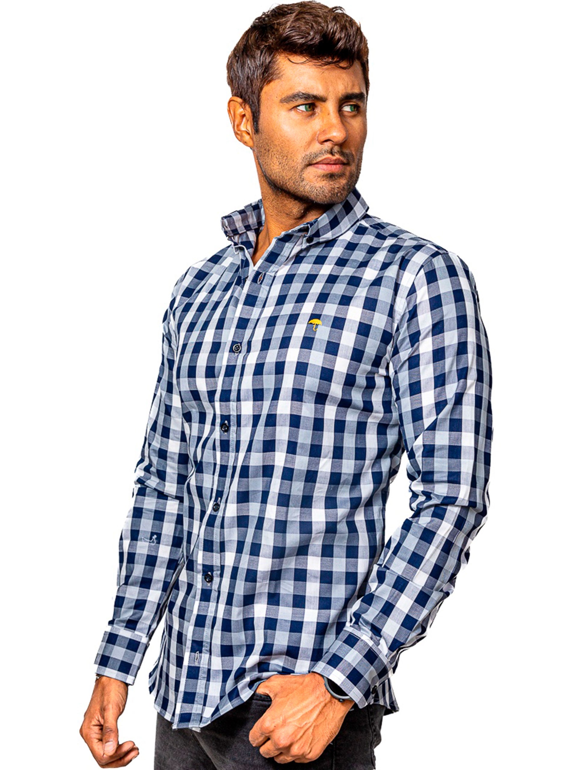 Camisa Hombre Casual Cuadros Marino, Gris, Blancos - 34 (S)-Tiendas Platino