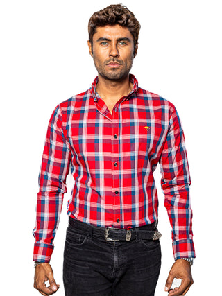 Camisa Hombre Casual Roja Cuadros Marino, Blancos