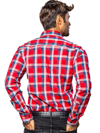 Camisa Hombre Casual Roja Cuadros Marino, Blancos