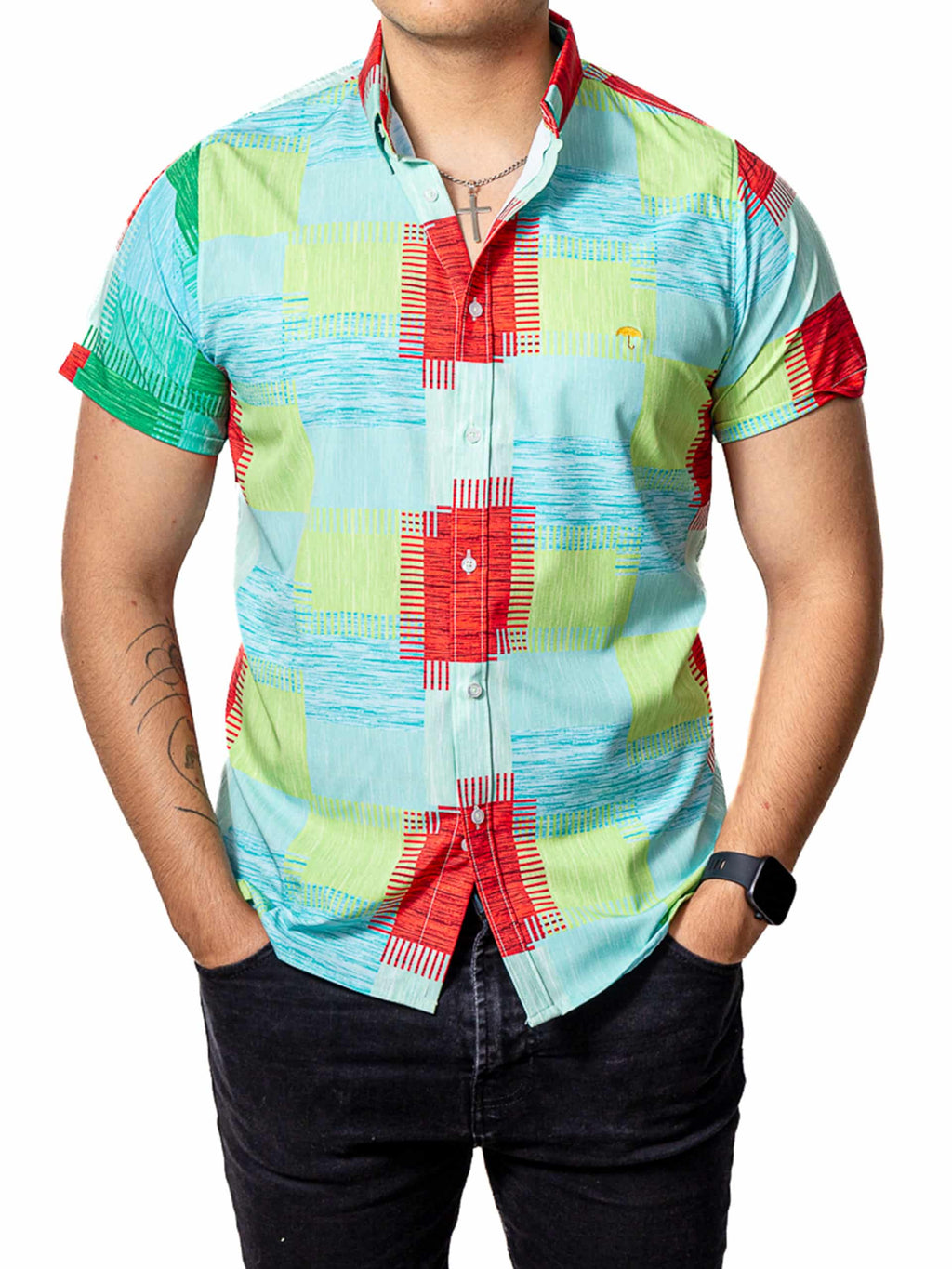 Men's Casual Short-Sleeved Shirt, Green and Red Plaid
