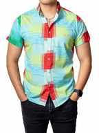 Men's Casual Short-Sleeved Shirt, Green and Red Plaid
