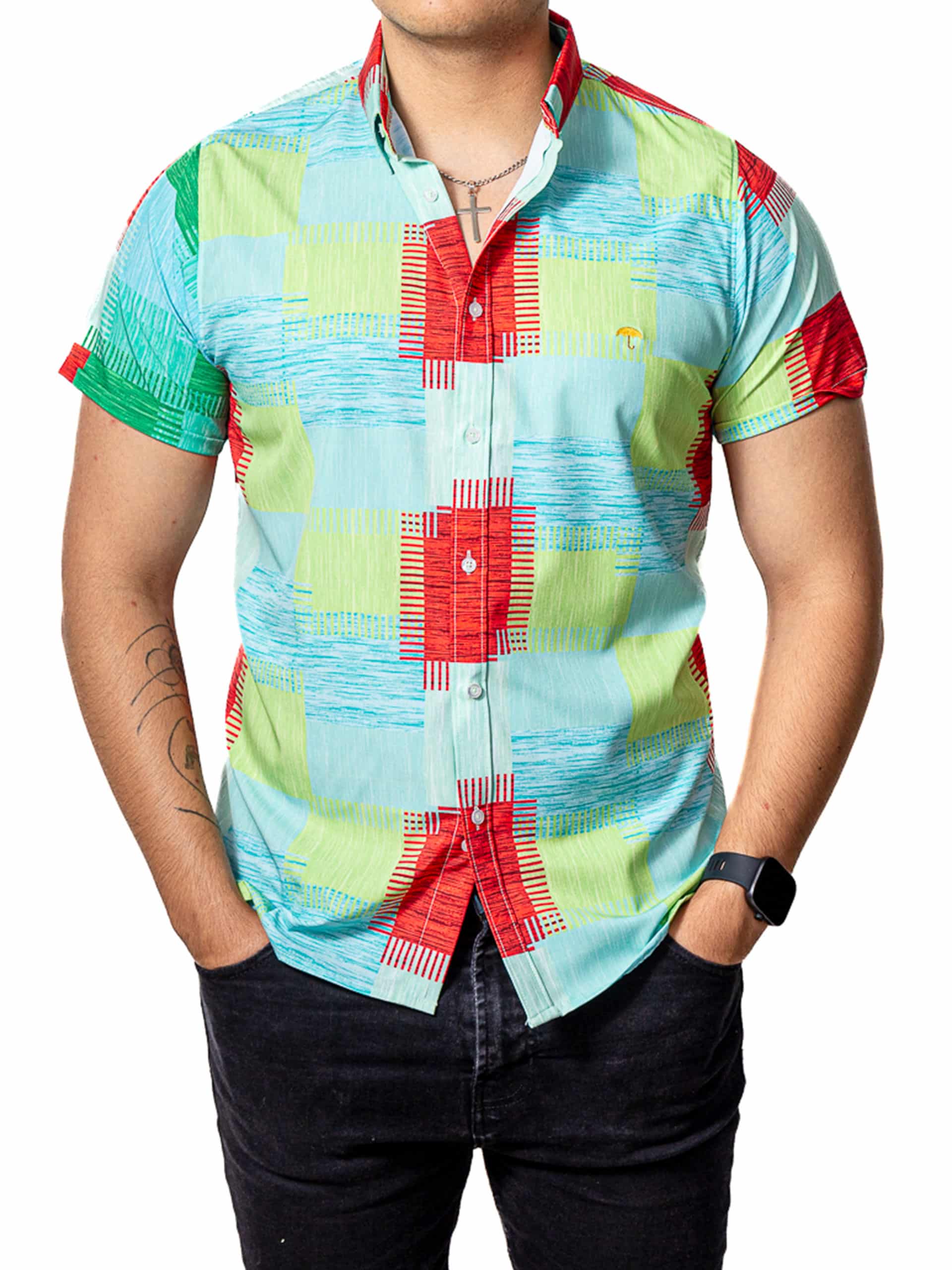 Men's Casual Short-Sleeved Shirt, Green and Red Plaid