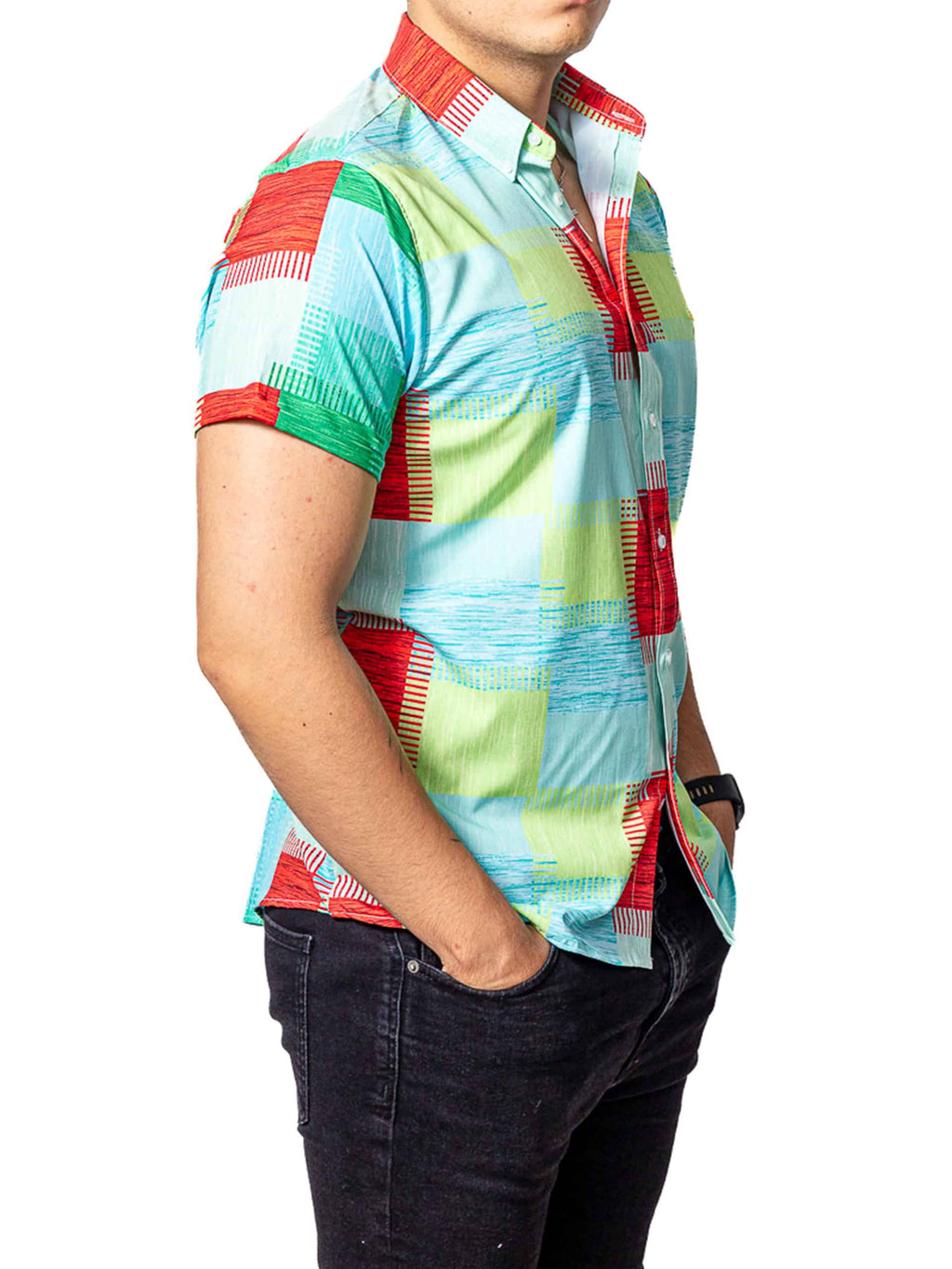 Men's Casual Short-Sleeved Shirt, Green and Red Plaid