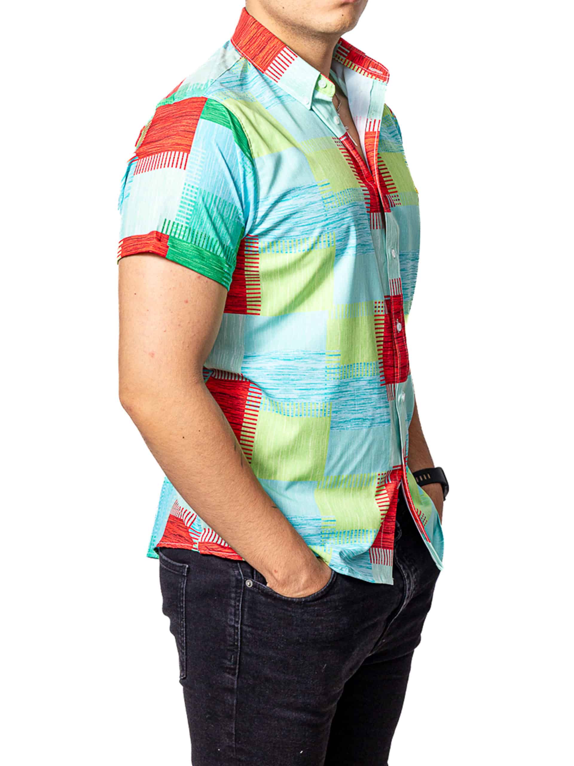 Men's Casual Short-Sleeved Shirt, Green and Red Plaid