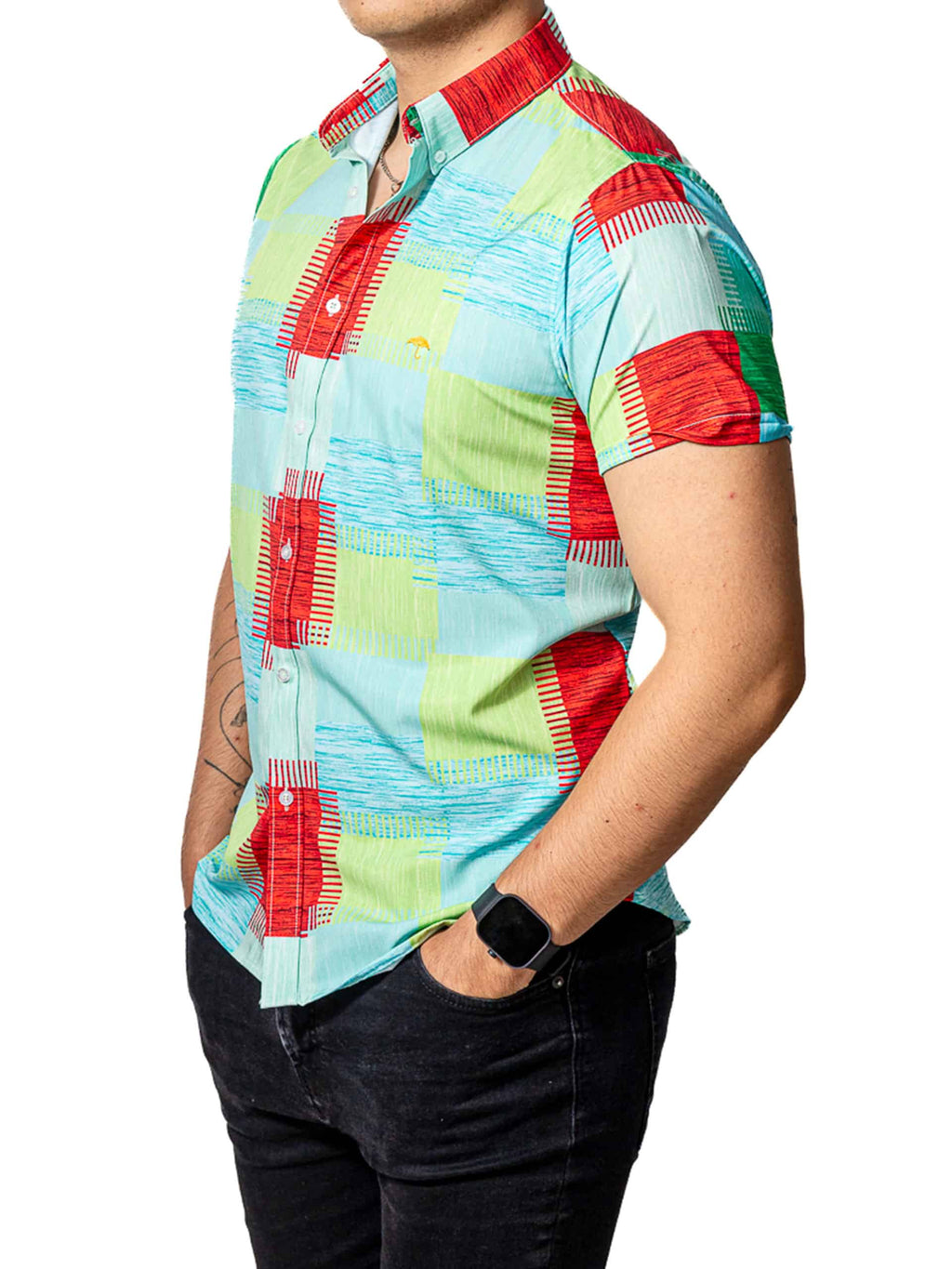 Men's Casual Short-Sleeved Shirt, Green and Red Plaid