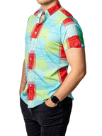 Men's Casual Short-Sleeved Shirt, Green and Red Plaid
