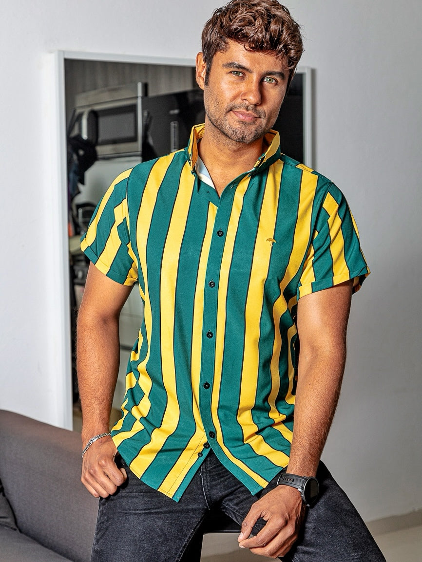Camisa Hombre Casual Slim Fit Rayas Verdes, Amarillas