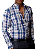 Camisa Hombre Casual Cuadros Blancos, Azul Marino